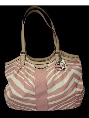 Coach Devin Signature Stripe Pink Zebra Print Tote Tan Leather #F24022